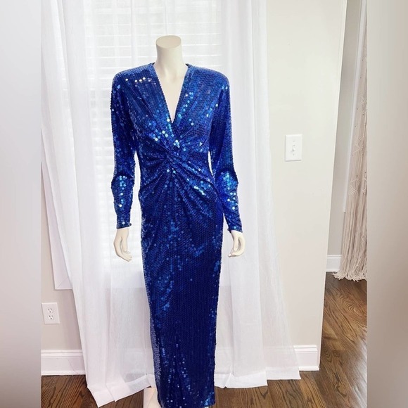 Oleg Cassini,Beautiful Shimmery Royal Blue Sequin, long sleeve Vintage Gown 10 - Picture 9 of 15